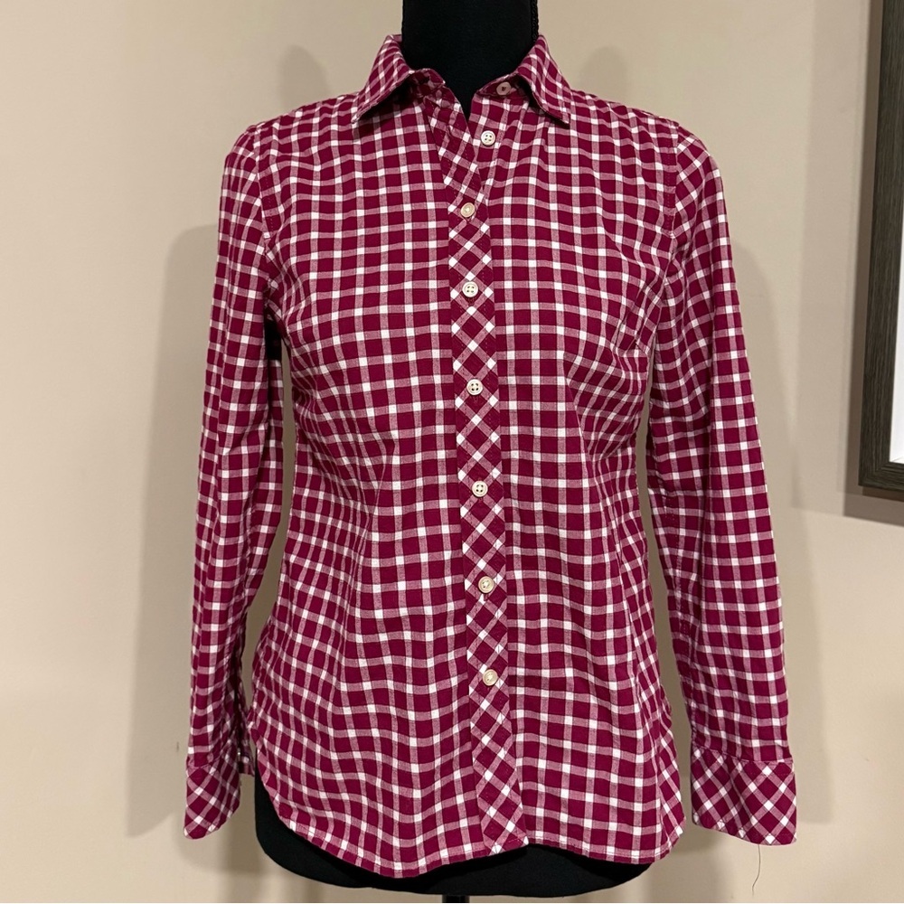 Talbots Burgundy White Plaid Button Down Shirt